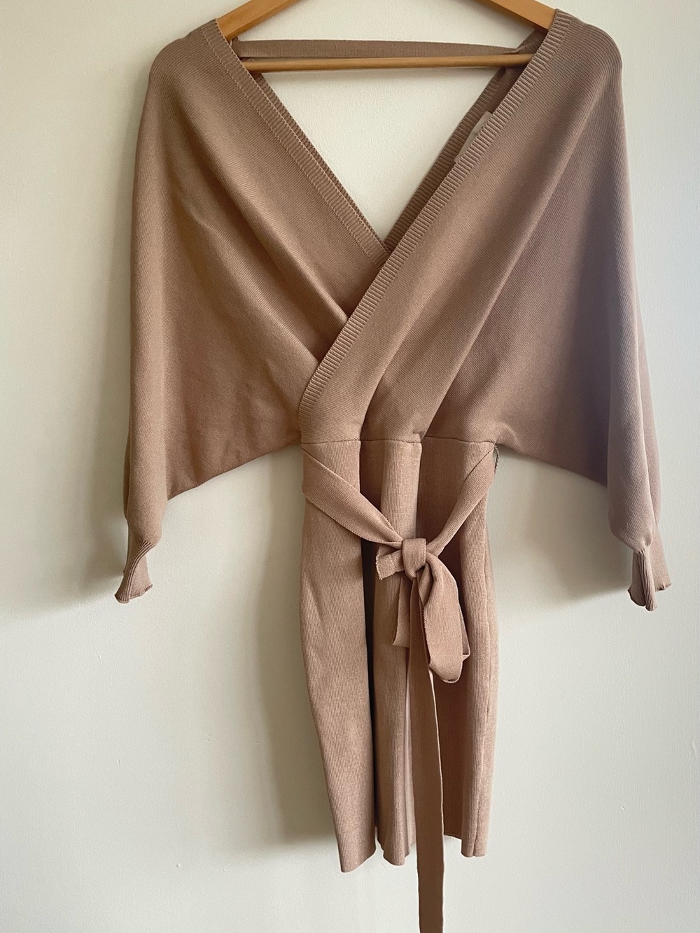 Cozy Taupe Knit Wrap Robe with Self-Tie Belt